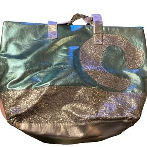 NWOT Justice Initial “C” Beach Bag Metallic Blue & Silver Sparkle W/ Zipper